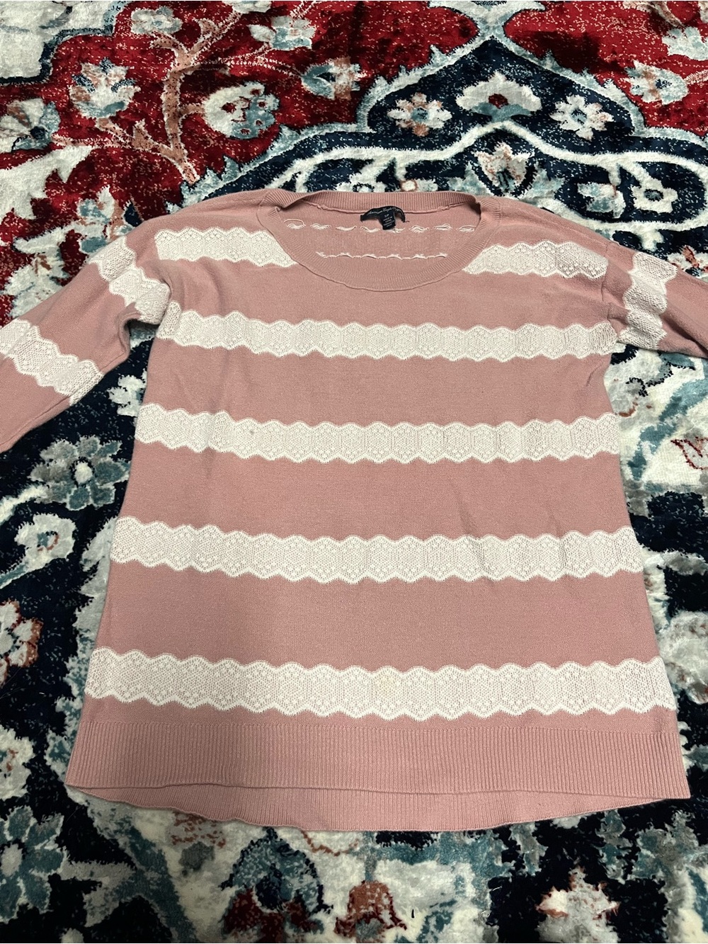 American Eagle romantic pink Striped Lace-Trim Sweater